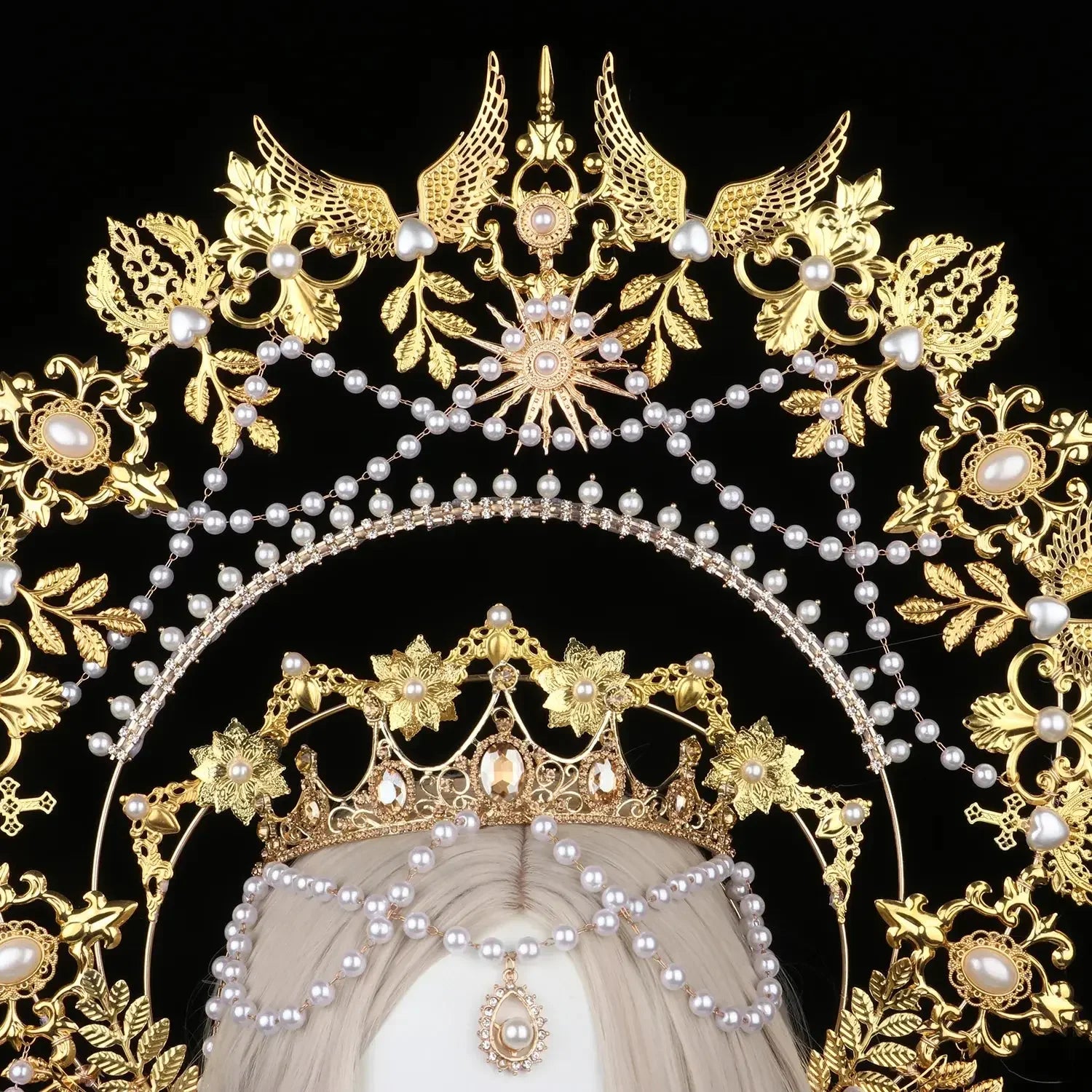 Sun Goddess Angel KC Halo Crown Headpiece Queen Anna Baroque Pearl Tiara Headband Lolita Collection Gothic Accessories - LUXLIFE BRANDS