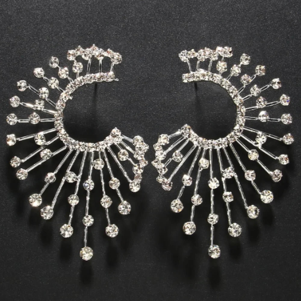 Oversized Crystal Rhinestone Geometric Fan Stud Earrings Drag Queen Stage Jewelry