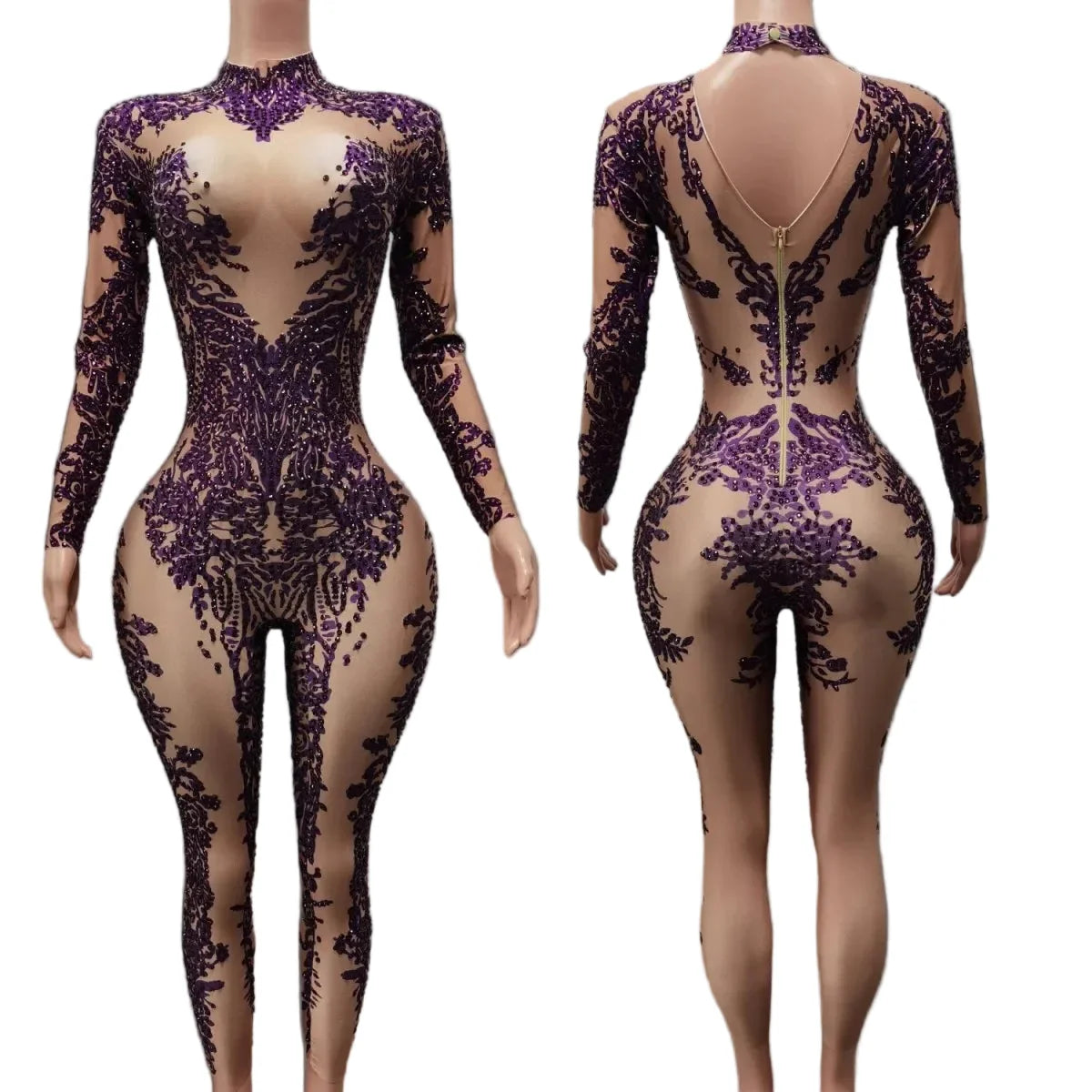 High Neck Crystal Appliqué Illusion Bodysuit
