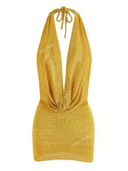 2026 Women New Year Bright Silk Dresses Sexy Stacked V Halter Neck Backless Knit Beach Mini Dress Summer Swimsuit Cover Up K145 Luxlife Brands