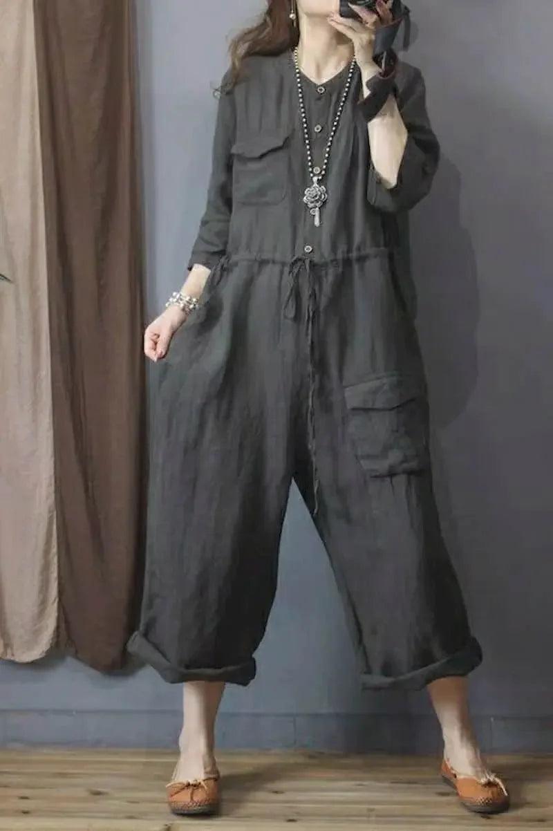 Cotton Linen Playsuit Oversize Jumpsuits Women Long Sleeve One Piece Outfit Women High Waist Pants Overalls for Women Clothes