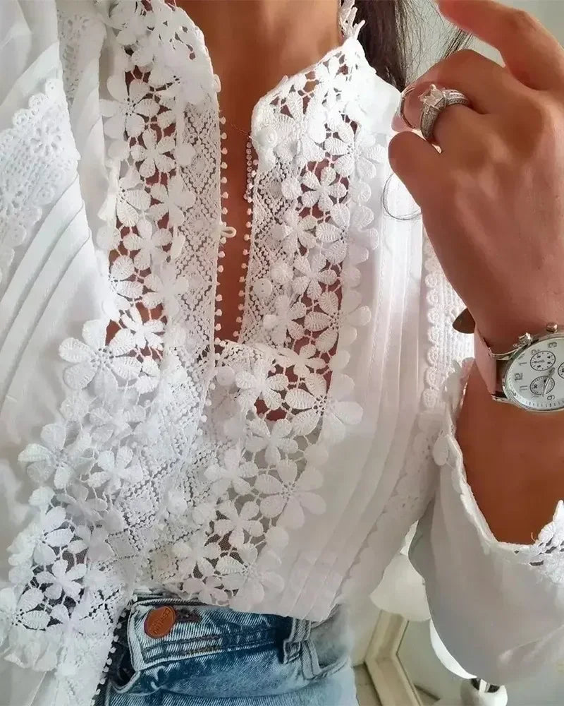 Fashion Woman Blouse 2024 Spring Floral Pattern Lace Patch Hollow-Out Long Sleeve Casual Stand Collar Plain Daily Top