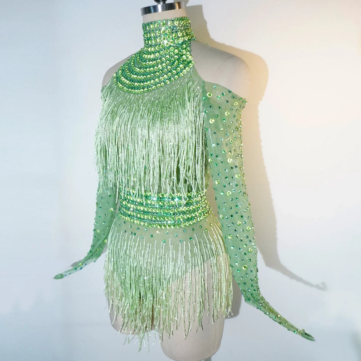 Rhinestone Tassel Mesh Performance Bodysuit