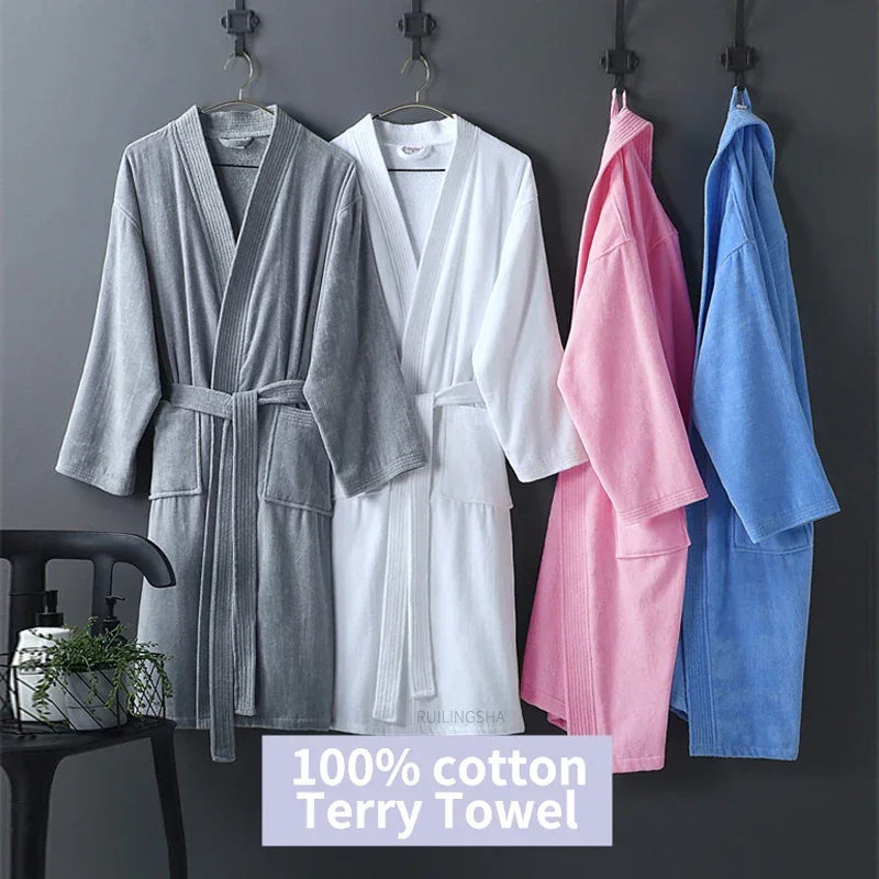 Women 100% Cotton Terry Bath Robe Plus Size Suck Water Towel Bathrobe Kimono Dressing Gown Winter Summer Men Waffle Sleepwear LUXLIFE BRANDS