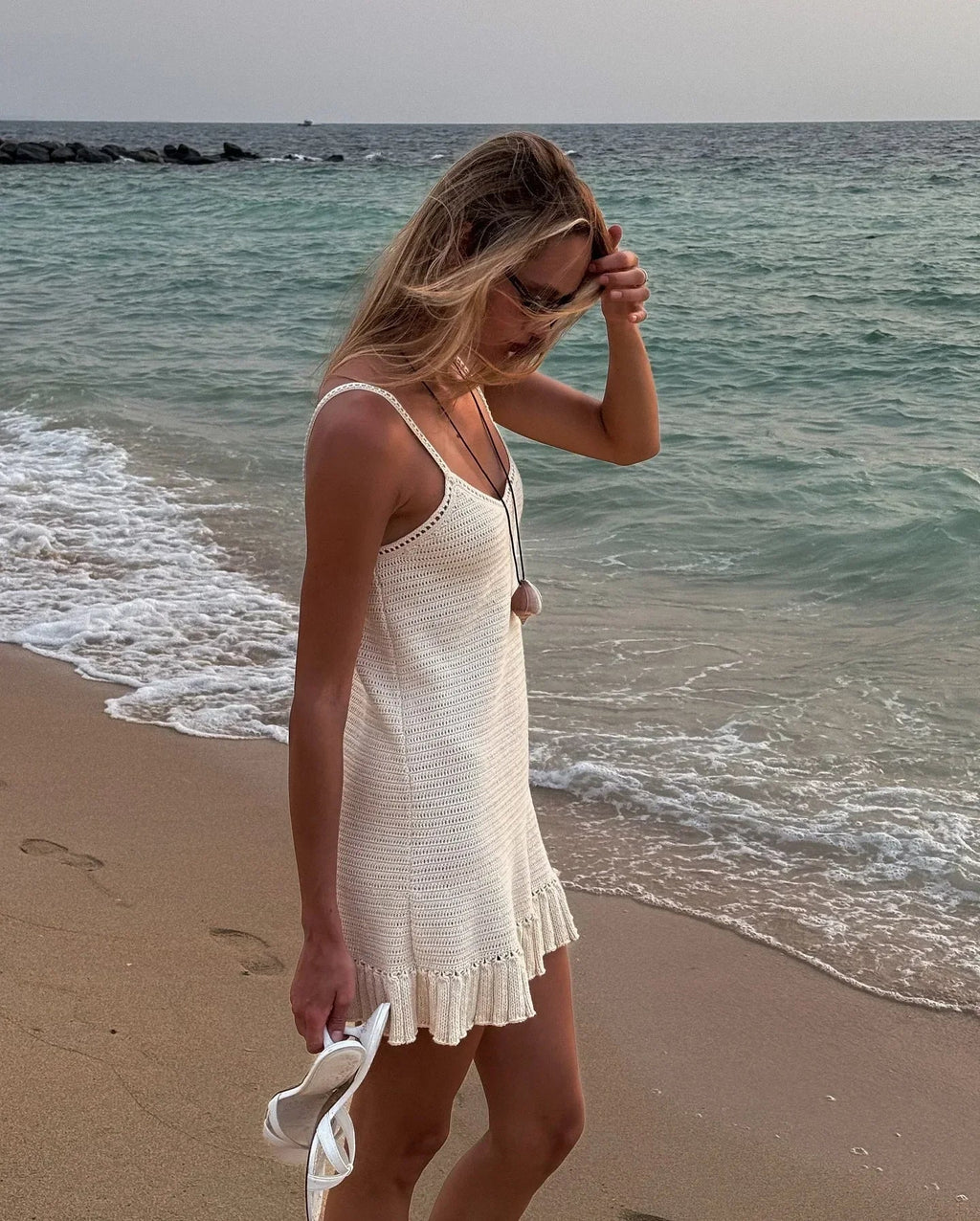 2025 Women Comfy Swimsuit Cover Up Seaside Holiday Club Dresses Sexy Crochet Halter V Neck Chic Ruffle Knit Beach Mini Dress K58 Luxlife Brands