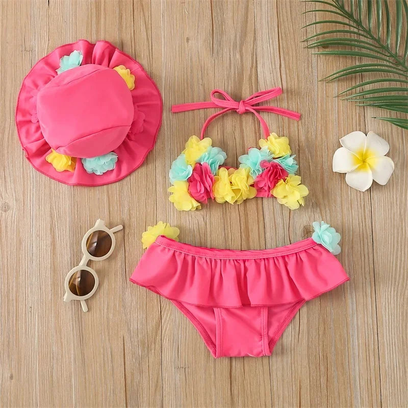 Infant Baby Girl Swimsuit 3D Flower Sleeveless Halter Tank Top Bikini Bottom with Sun Hat Set 0-24M