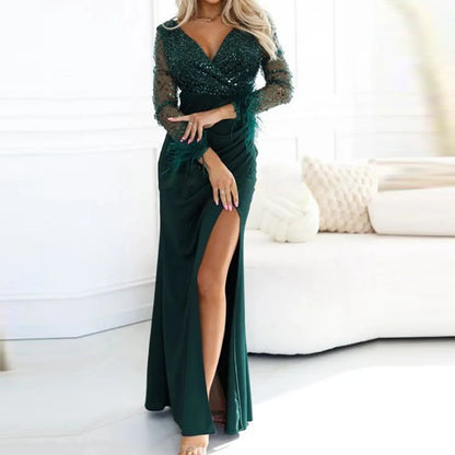 Elegant Feather Long Sleeved Split Dress Lady Sexy V Neck Draped Slim Dress  Fashion Shiny Sequin Party New Year's Evening Dress