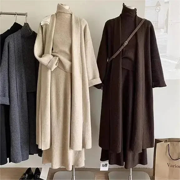 Women’s Long Sweater Vest & Top & High Waist Skirt Set