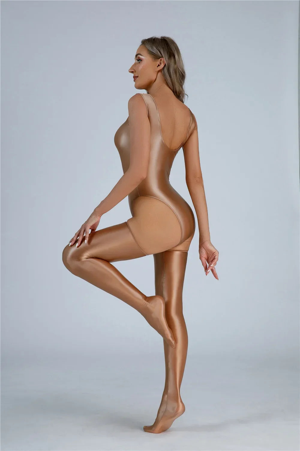 Women Candy Color Oil Glossy Elastic Bodysuit Bodycon Rompers One-piece Swimsuit Silky Tights Satin Backless Shaper Sexy Leotard