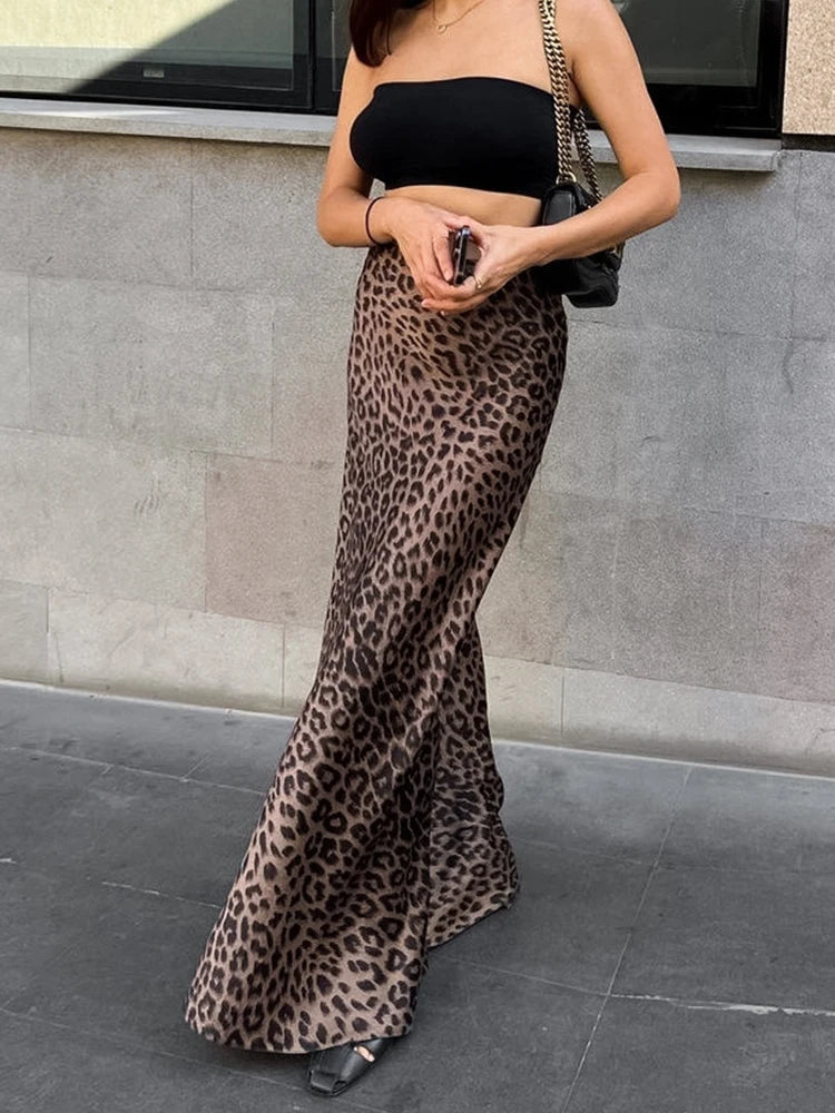 Spring Maxi Leopard High Waist Flare Skirt