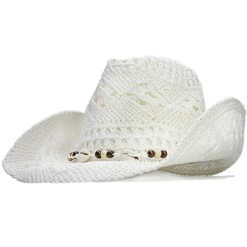 Summer with Shell Beach Hat Women Western Cowboy Hat Wide Brim Sunscreen Sun Hats for Outdoor Breathable Hand-Woven Straw Panama
