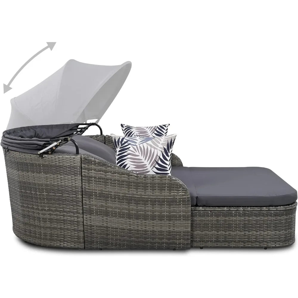 LUXHOME 79.9" Outdoor Daybed with Adjustable Canopy, Curved Armrests, Cushions and 4 Pillows