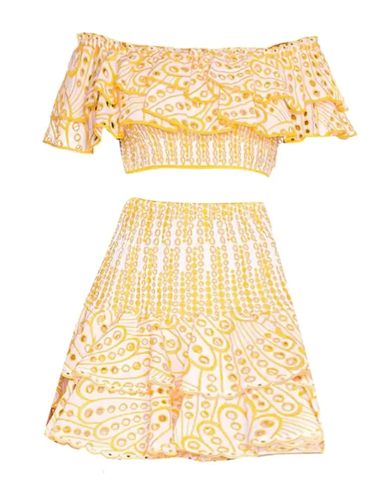 TWOTWINSTYLE Print Two Piece Sets For Women Slash Neck Short Sleeve Tops High Waist Skirts Summer Loose Set Female Fashion New