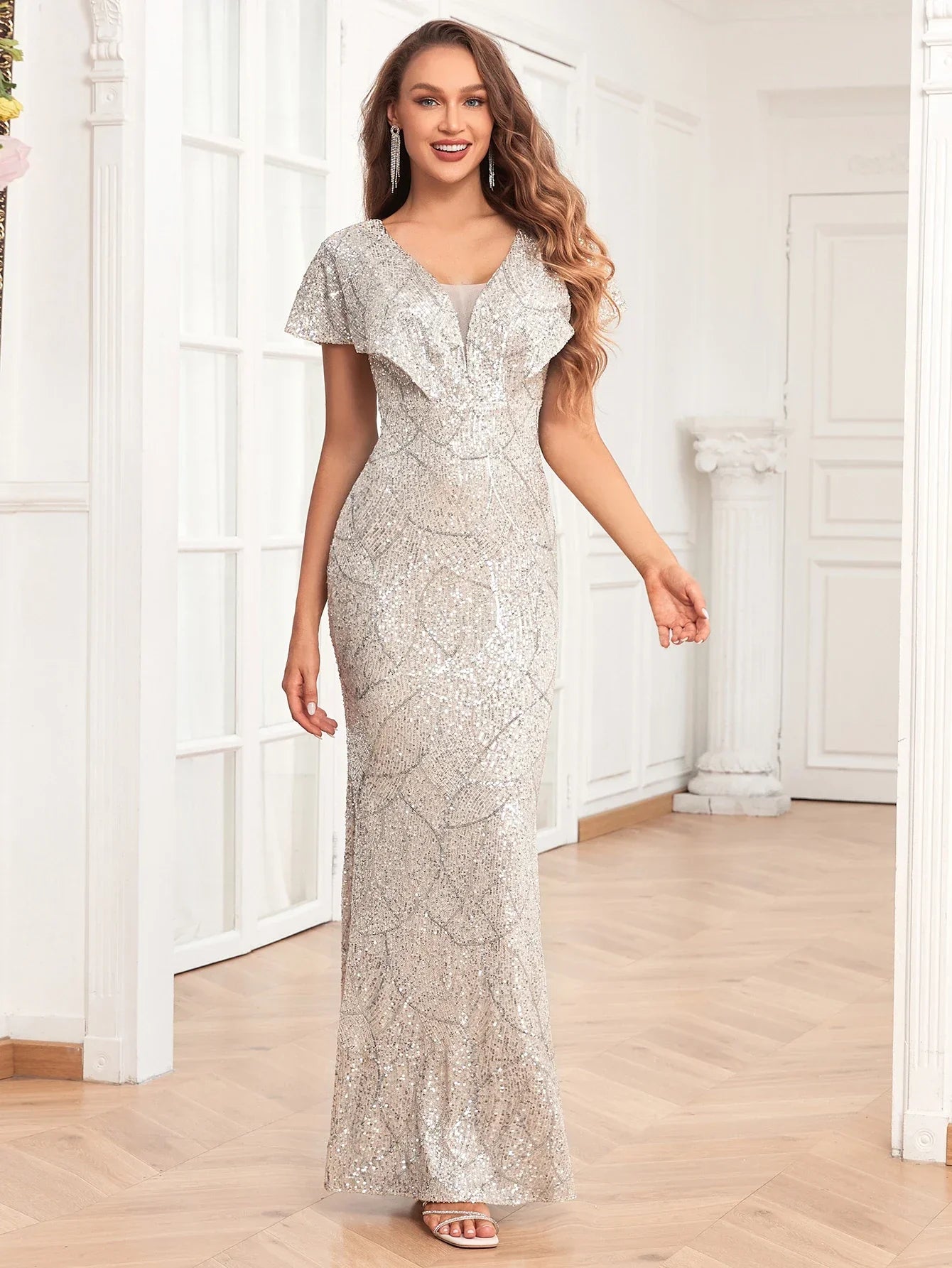 New Butterfly Sleeve Evening Gown Double V Neck Fully Lined Mermaid Wedding Dress Sequined Floor-length Dress LUXLIFE BRANDS