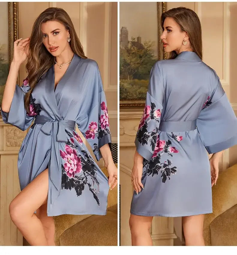 Female Robe Nightgown Summer Satin Sleepwear Loungewear Silky Printing Kimono Bathrobe Gown Yukata Sexy Casual Nightwear