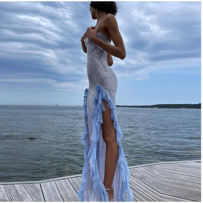 Sexy Sequins Ruffle Split Irregular Slim Dress Women Fashion Sleeveless Backless Flower Blue Vestidos Elegant Party Robe 2023