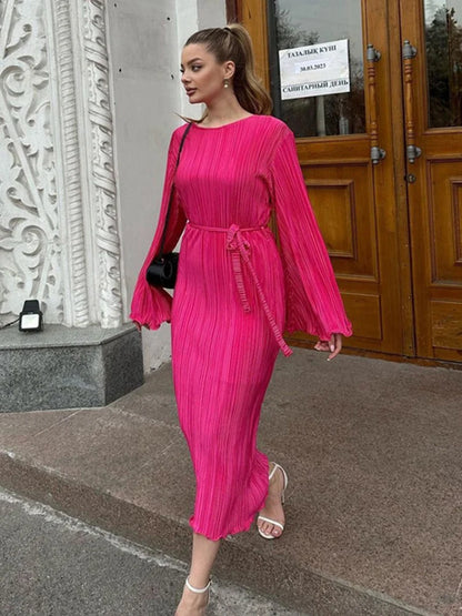 Aynaray 2023 Autumn Winter Women Solid Midi Pleated Dress Long Sleeve Elegant Slim Fit Bodycon Pencil Dress For Women