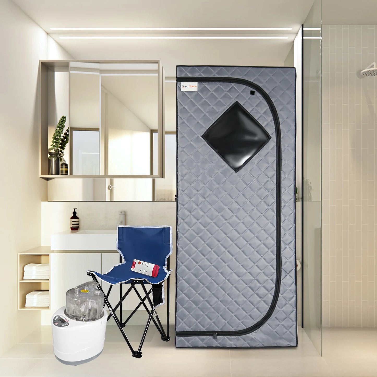 Portable Grey Home Sauna 1500W 4L Steam Pot With Folding Chair & Remote Control LUXLIFE BRANDS