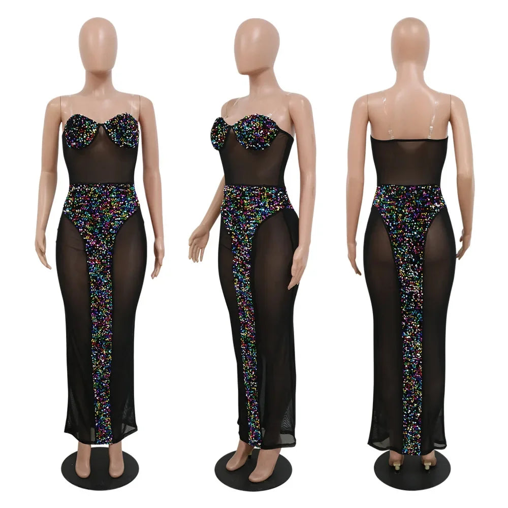Sexy Mesh Sequin Prom Corset Dress Long Luxury See Through Strapless Night Club Outfits Evening Gowns Party Bodycon Maxi Dresses LUXLIFE BRANDS
