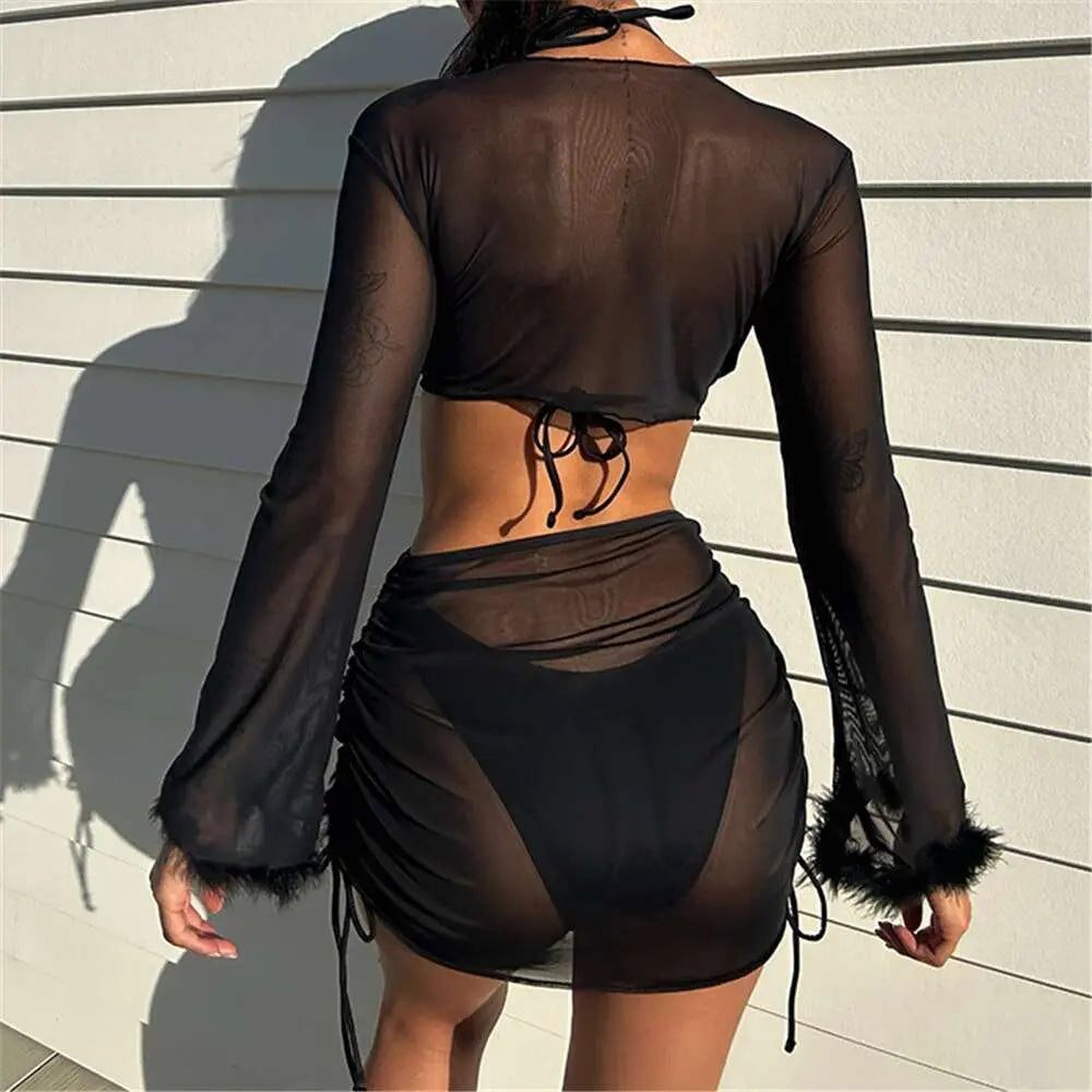 4-Pieces Sexy Black Bikinis With a Skirt 2023 Women Cover Up Long Sleeve Swimsuits Feme Halter Swimwear Summer Beachwear