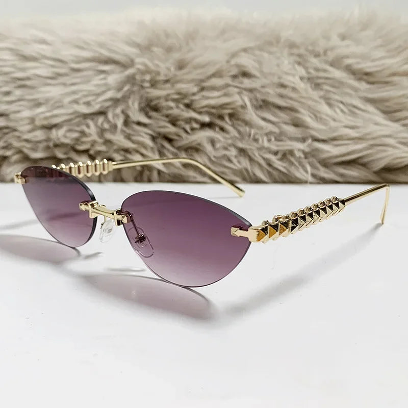 New Cat Eye Rivet Rimless Sunglasses Women Luxury Fashion Brand Oval Narrow Sun Glasses Shades Trendy Elegant Unique Eyewear