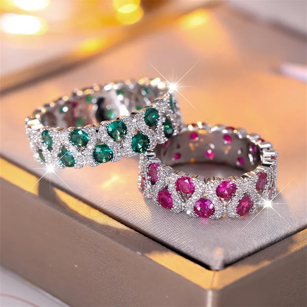 Green Crystal Round Stone Engagement Ring Rose Red Zircon Wedding Bands Rings For Women Trendy Silver Color Bridal Party Jewelry LUXLIFE BRANDS