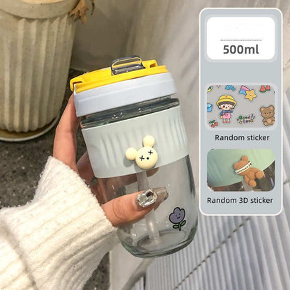 Cute Mini 500ml Coffee Cup Portable Double Drink Coffee Glass Water Cup With Straw Non-slip Travel Mug Milk JuiceTeaBreakfastCup