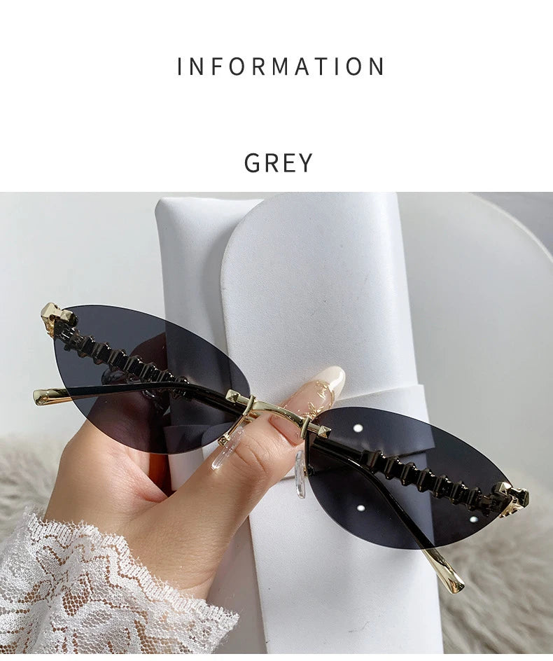 New Cat Eye Rivet Rimless Sunglasses Women Luxury Fashion Brand Oval Narrow Sun Glasses Shades Trendy Elegant Unique Eyewear