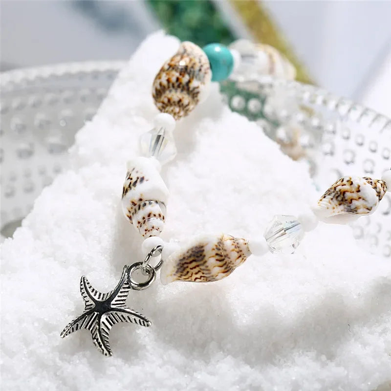 Modyle Vintage Silver Color Beads Starfish Anklets For Women Handmade Beaded Ankle Bracelet Summer Beach Foot Jewelry