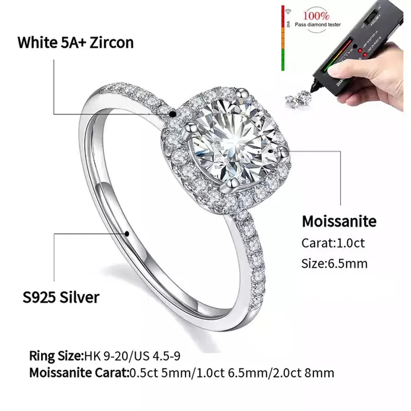 Real Moissanite 925 Sterling Silver Ring For Women Square Round 1CT 2CT 3CT Brilliant Diamond Finger Band Wedding Jewelry Gift LUXLIFE BRANDS