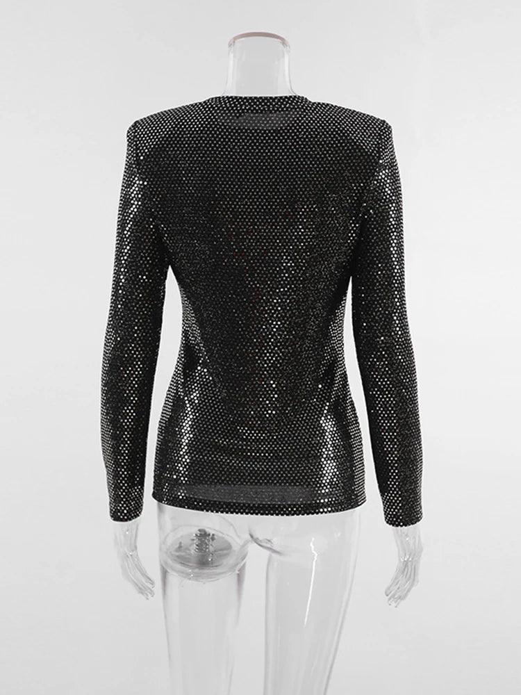 Aynaray 2023 Autumn Winter Women Office Slim Pullover Tops Solid Black Bodycon O-neck Long Sleeve Brightly T-shirts Female Luxlife Brands