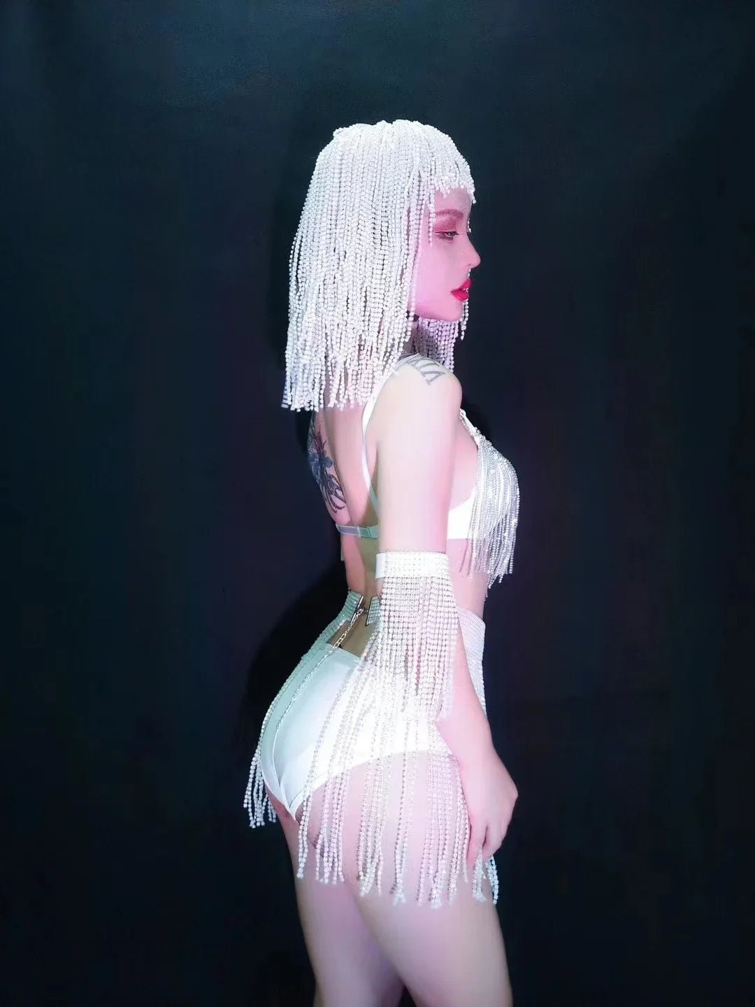 Luxury Crystal Tassel Bikini & Wig Performance Set – Premium Showgirl Stage Costume for GoGo Dancers, Nightclub DJs & Rave Outfits