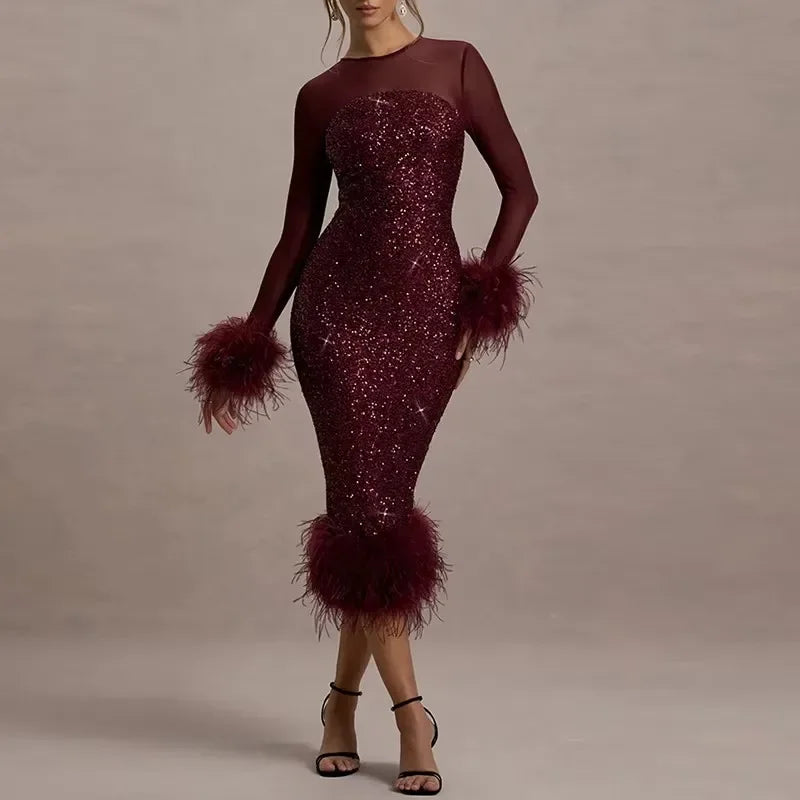 LUX Shimmer Feather Maxi Dress