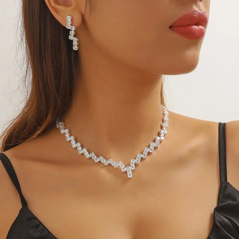 FYUAN Luxury Geometric Zircon Necklace Earrings Women Crystal Earrings for Wedding Bride Jewelry Sets Accessories LUXLIFE BRANDS