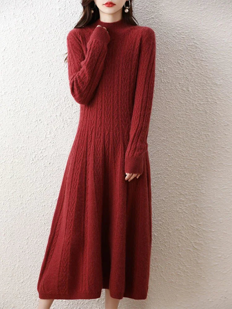Elegant Fashion Dresses Cashmere Sweater Knitted Long Dress 100% Merino Wool Women Turtleneck Office Skirt Autumn Winter Clothes LUXLIFE BRANDS