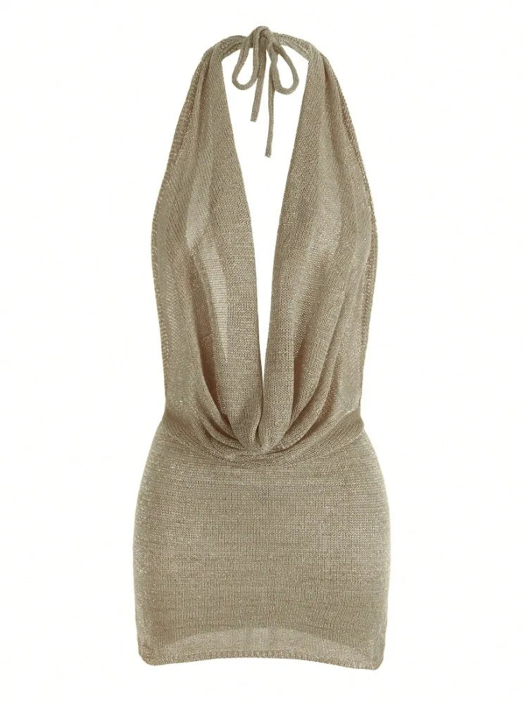 2026 Women New Year Bright Silk Dresses Sexy Stacked V Halter Neck Backless Knit Beach Mini Dress Summer Swimsuit Cover Up K145 Luxlife Brands