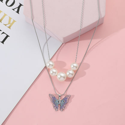 Disney Barbie Fairytopia Mermaidia Enamel Butterfly Pendant Necklace For Women Thai Pop Imitation Pearl Multilayer Jewelry