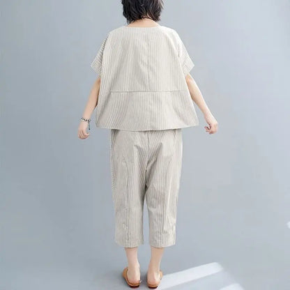 Large Size Casual Suits Women's Clothing Summer Cotton Linen Thin Irregular Short Sleeve T-shirt Loose Harem Pants 2 Piece Sets
