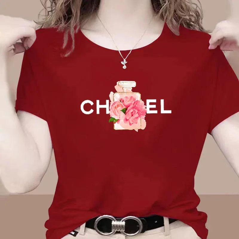 Women Summer T-Shirt Alphabet Flowers Perfume Print Cotton Tees Luxury Short Sleeve Tee Solid Color Street Y2K Top Female Cloth LUXLIFE BRANDS