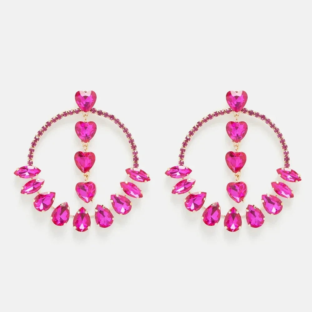 Oversized Pink Crystal Hoop Earrings Heart Pendant Drag Queen Stage Drop Jewelry