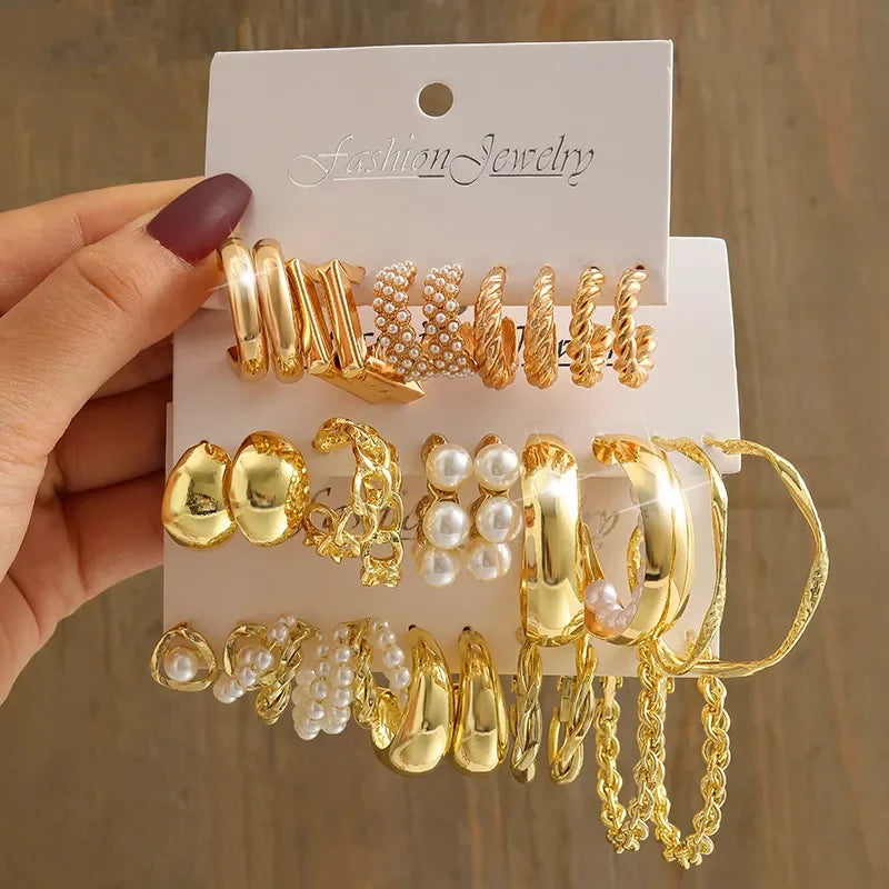 Gold Color Vintage Geometry Pearl Earrings Set Metal Twine Square Dangle Earrings Round for Women Simple Trendy Party Jewelry LUXLIFE BRANDS
