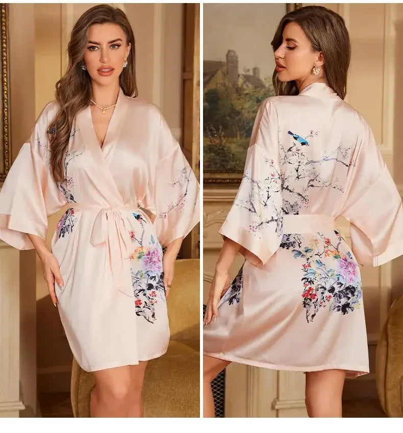 Female Robe Nightgown Summer Satin Sleepwear Loungewear Silky Printing Kimono Bathrobe Gown Yukata Sexy Casual Nightwear