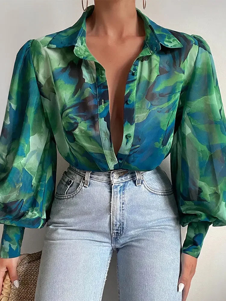 Women&#39;s Floral Print Puff Sleeve Shirt Female Elegant Casual V Neck Shirts 2023 Spring Summer Ladies Tops Blouses Vintage Blouse