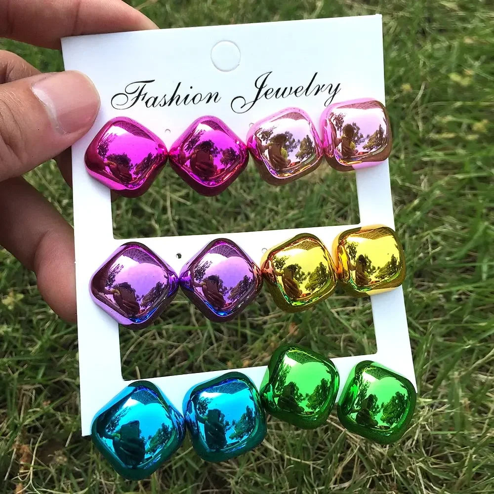 New 6 pair/set Metallic Color Acrylic Y2K Stud Earrings for Women Rock Heart Moon Star Bowknot Square Earring Korea Jewelry Sets