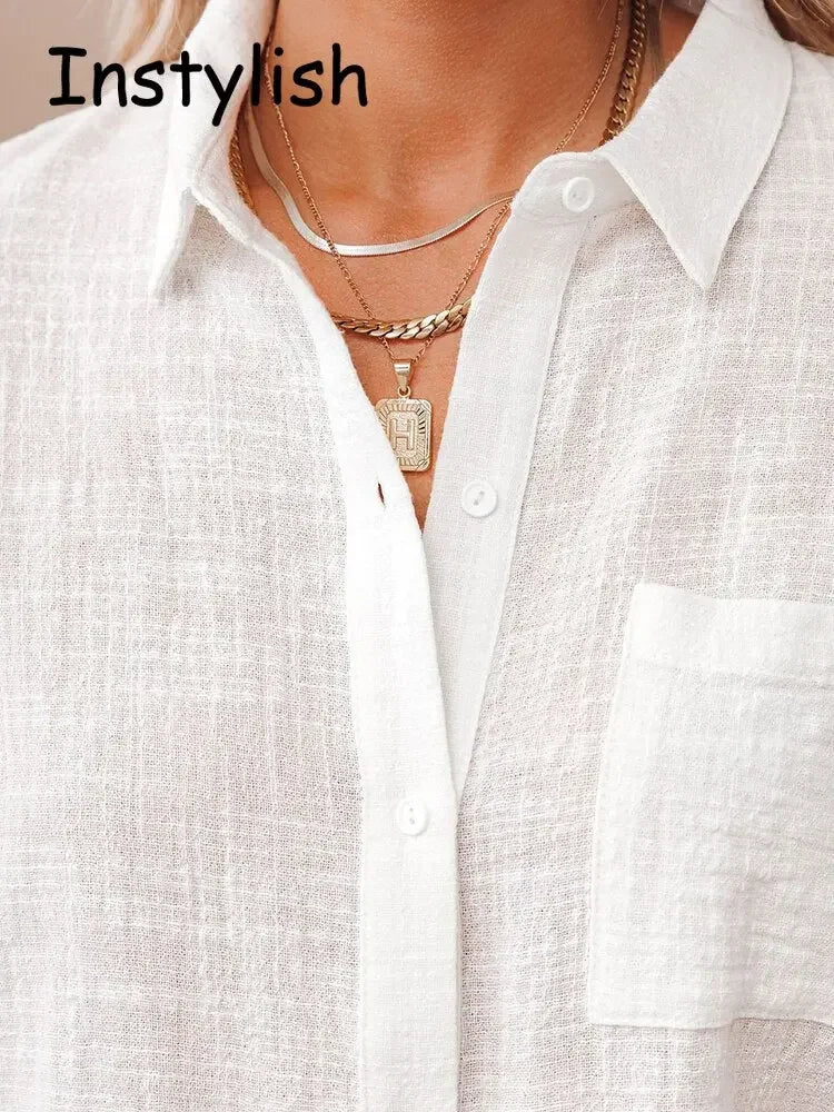 Women Summer Linen Oversized Shirt Vintage Harajuku Short Sleeve Loose Blouse Elegant Chic Tunis 2022 Women Tops Streetwear