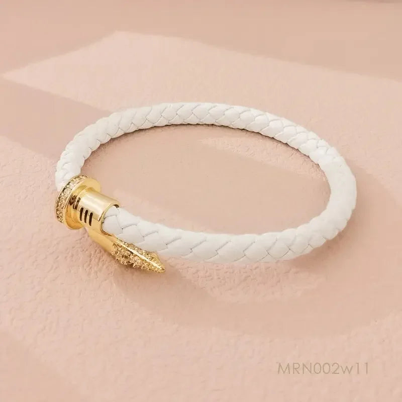 MOONLIGHT Genuine Braided Leather Bracelet for Woman High Quality Classic Cubic Zirconia Nail Bracelet Female Jewelry Gifts