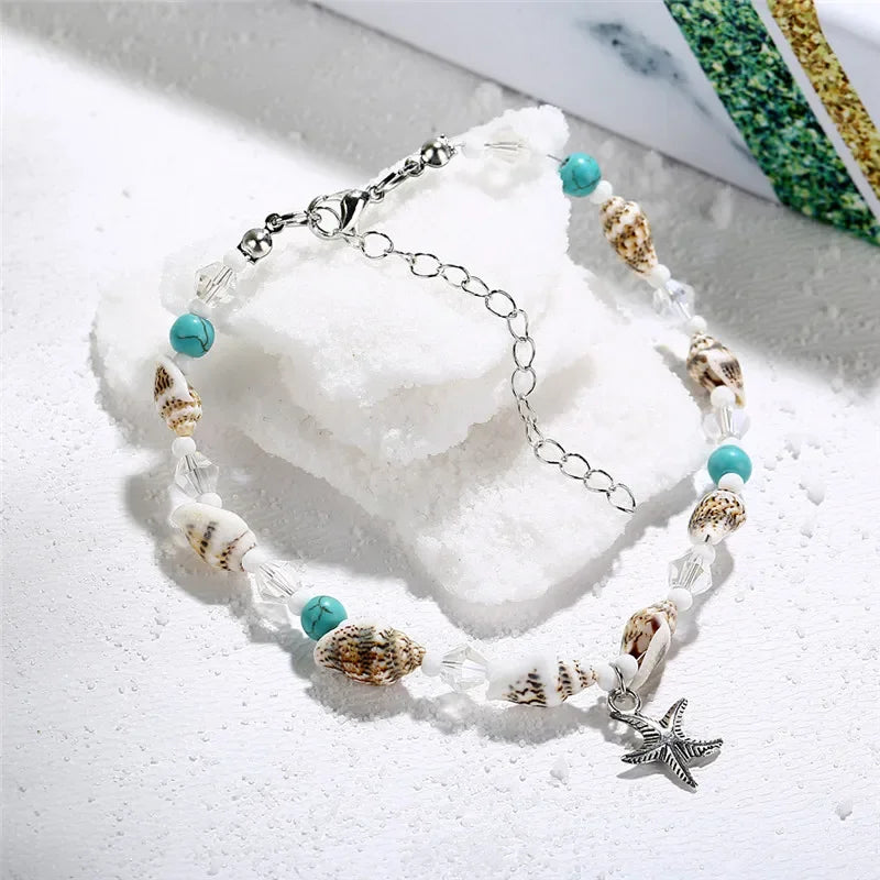 Modyle Vintage Silver Color Beads Starfish Anklets For Women Handmade Beaded Ankle Bracelet Summer Beach Foot Jewelry