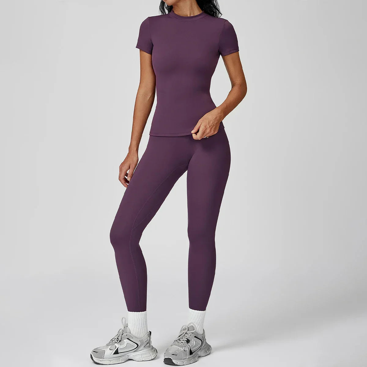 Hearuisavy Women 2 Piece Sport Pants Set Gym Sportswear Workout Short Sleeves Female Push Up Yoga Pants Running Fitness Clothing