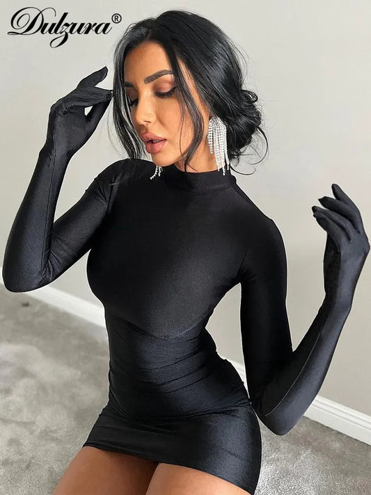 Dulzura Solid Long Sleeve With Gloves Mini Dress Bodycon Sexy Streetwear Party Half Turtleneck Outfits Y2K Clothes Wholesale LUXLIFE BRANDS