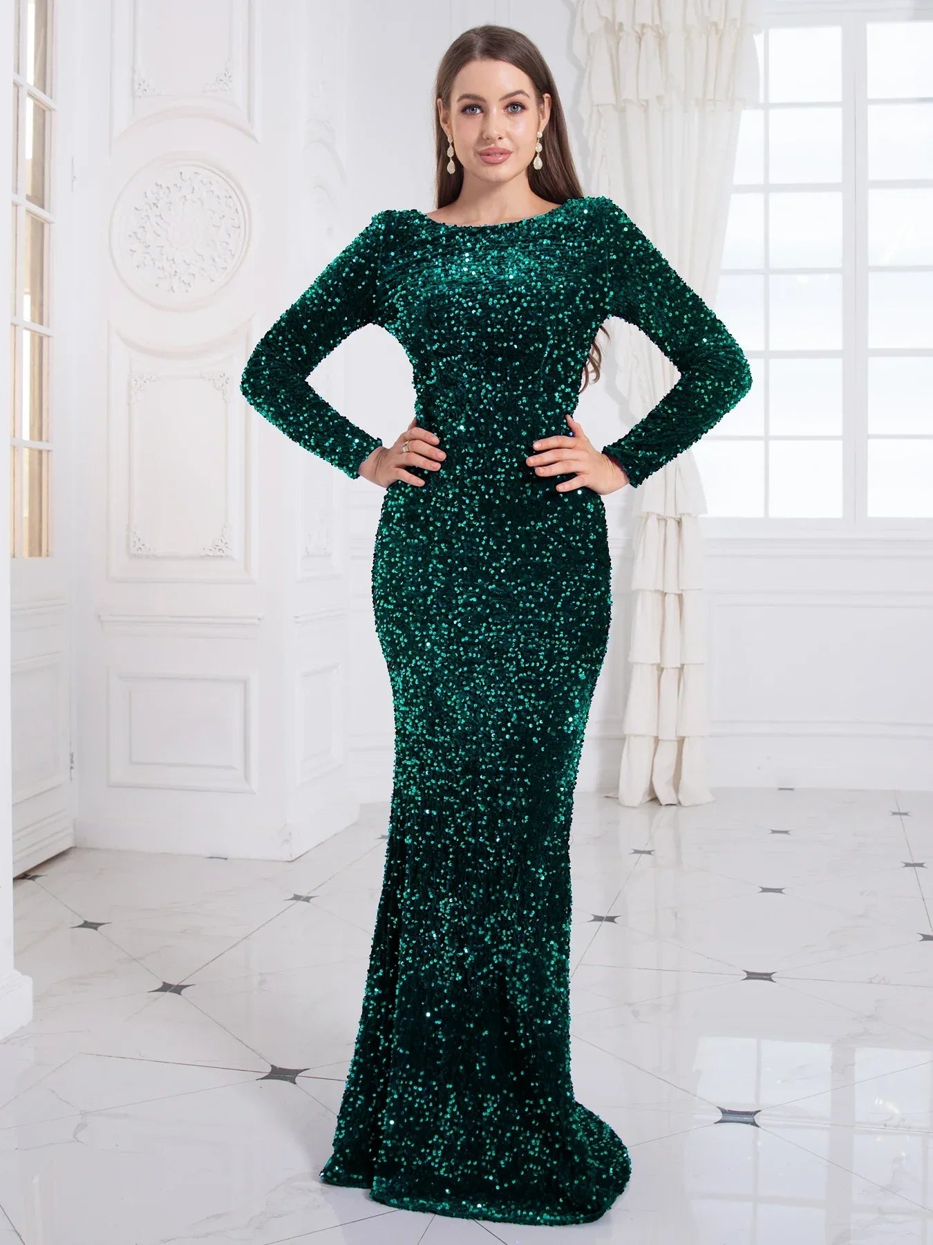 Kisscc Royal Blue Stretch Sequin Floor Length Evening Night Dress Full Sleeve Bodycon Black Mermaid Party Dress Luxlife Brands